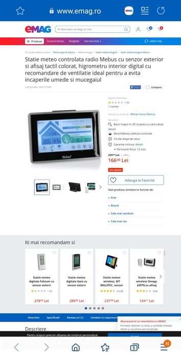 Statie meteo cu senzor exterior-interior,afisaj tactil,higrometru,Nou!