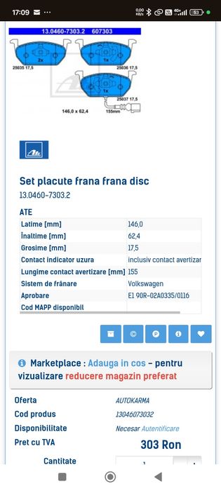 Plăcuțe frână punte față ATE,Octavia 3,Golf 7,Passat grupul VAG