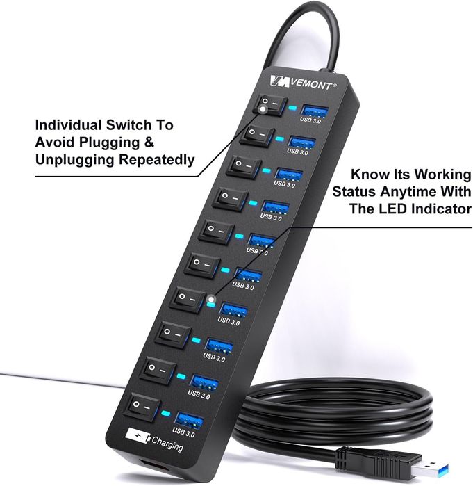 Hub USB VEMONT 10 port Multi USB,comutator indiv pornit/oprit,sigilat