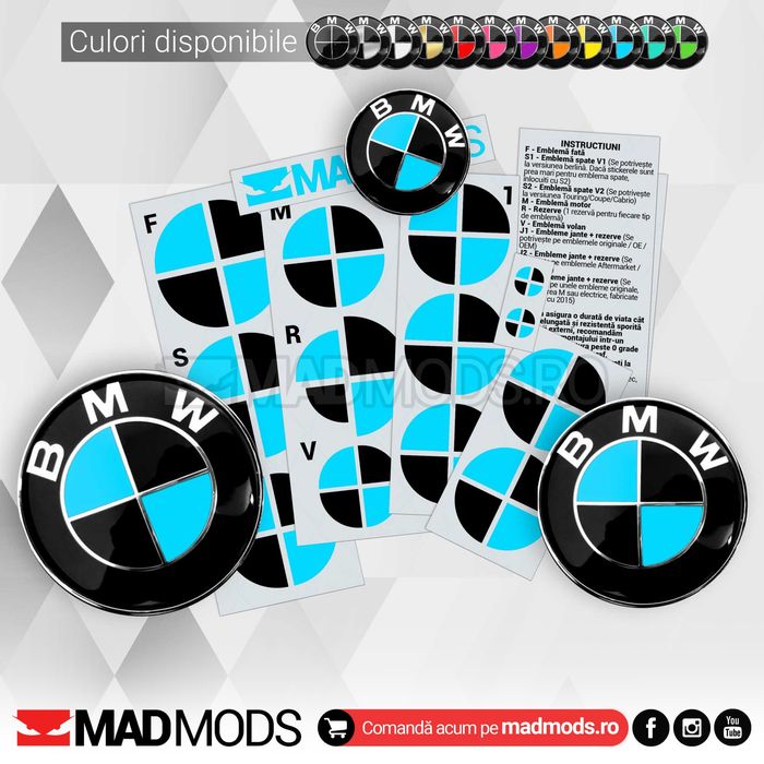 Set Stickere Embleme Negru cu Albastru BMW Seria 1 2 3 4 5 6 7 8 X i M