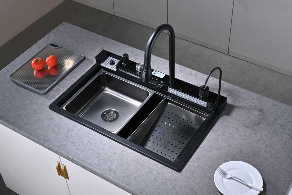 Черна гранитна мултифункционална кухненска мивка с двоен водопад
