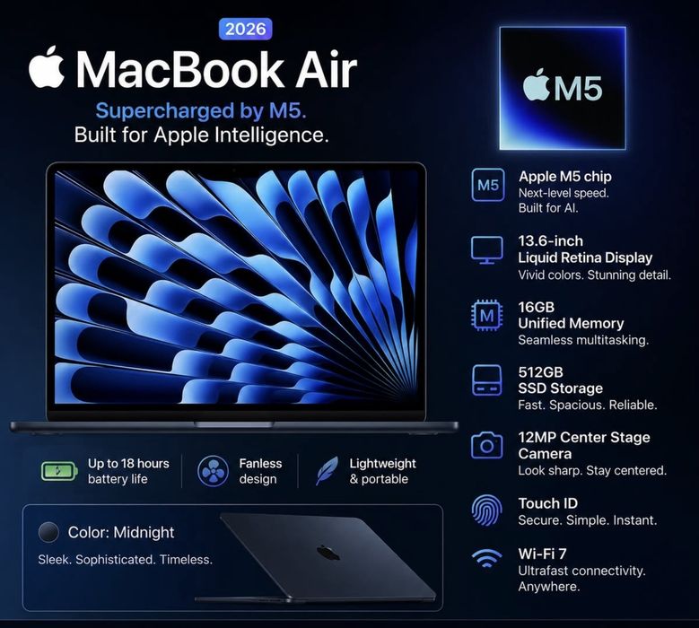 MacBook Air 13’’ with M5 16GB RAM, 512GB. Midnight.
