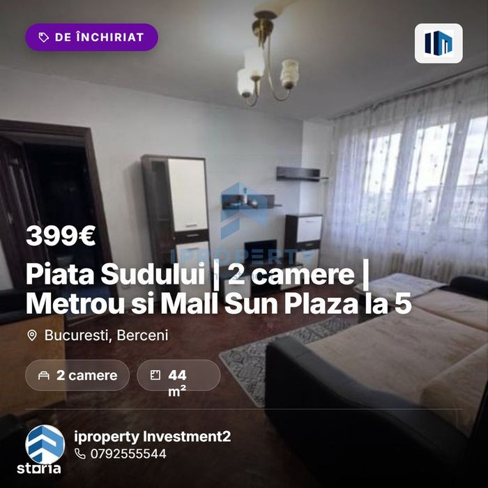 Piata Sudului | 2 camere | Metrou si Mall Sun Plaza la 5 Minute