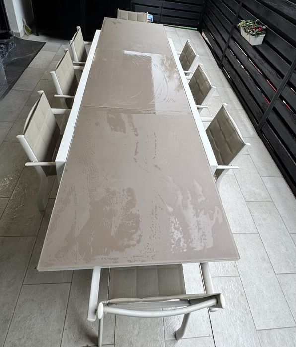 Set MOBEXPERT masă  cu blat de sticlă, extensibilă 6 - 10 persoane,  cadru metalic plus 10 scaune terasă