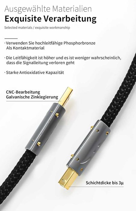 Viborg HiFi USB кабел 0,6 м USB 2.0 тип A до B кабел Посребрен OFC