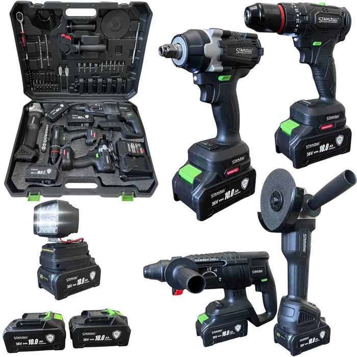 Комплект 5 в 1 перфоратор, винтоверт, гайковерт, ъглошлайф и LED лампа