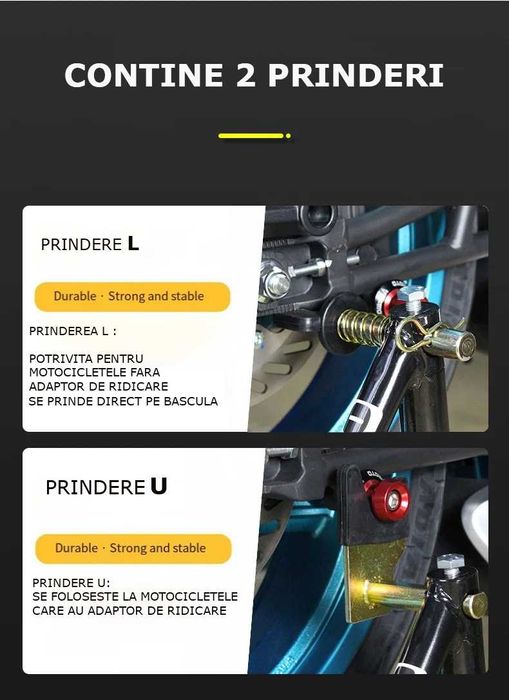 Stander de motocicleta spate universal include 2 tipuri de adaptoare