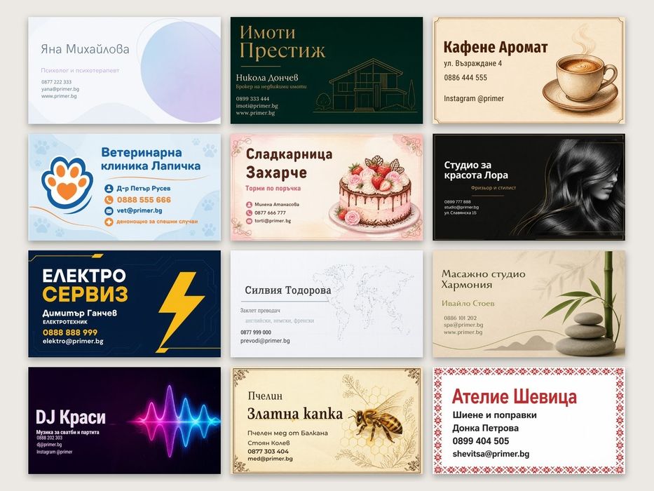 100 двустранни визитки за 9 € - с Ваш дизайн, проект безплатно