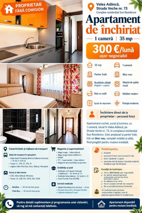 Va oferim spre inchiriat apartament 1 camera - Valea Adanca - modern