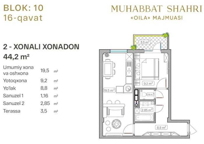 Muhabbat Shahri ТЖМ, 2 хонали хонадон 44,2 Яшнобод тумани