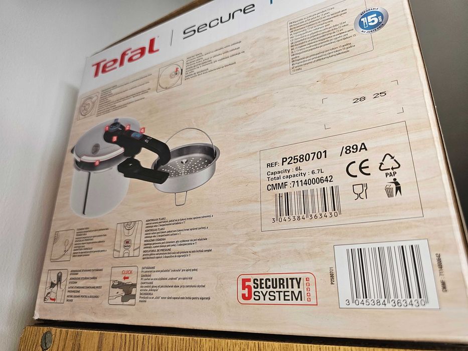 Тенджера под налягане Tefal Secure Trendy 6 Aqua Blue, 6 л, 2 нива готвене, 5 системи за безопасност, Индикатор налягане, Индукция, Неръждаема стомана