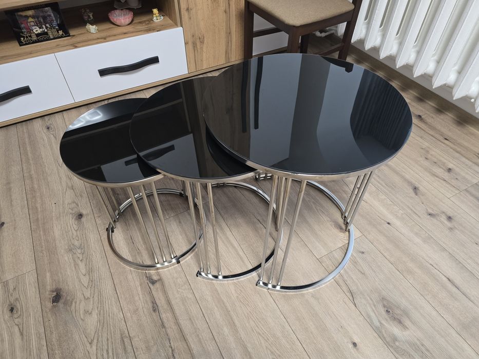 Set 3 măsuțe de cafea – blat negru lucios