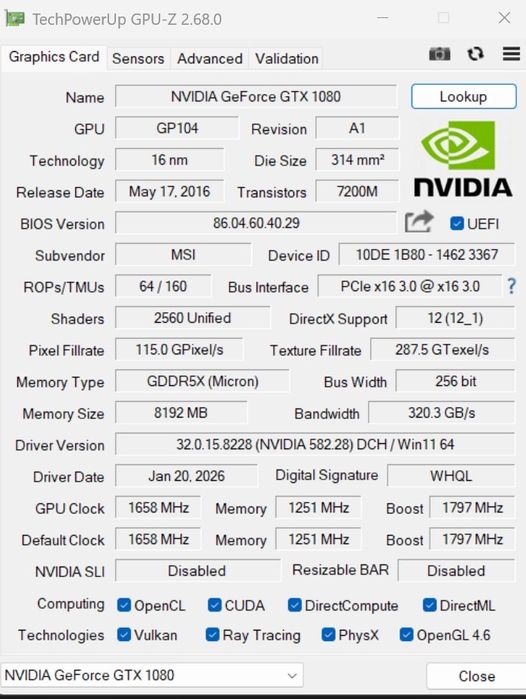 MSI Armor GTX 1080 8GB GDDR5X