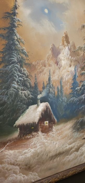 Tablou peisaj de iarnă – pictură semnată, cadru vintage