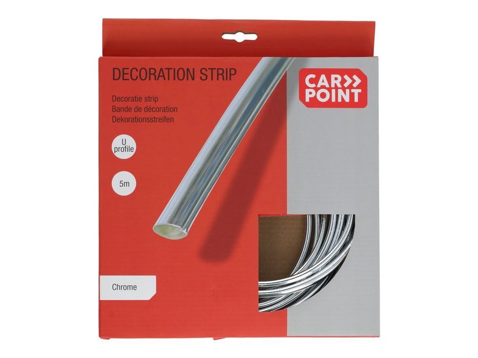 Ornament lateral profil U Carpoint crom autoadeziv, pentru muchie usa, grile si ventilatie, universal, 5 m, 8,2 x 5,6 mm