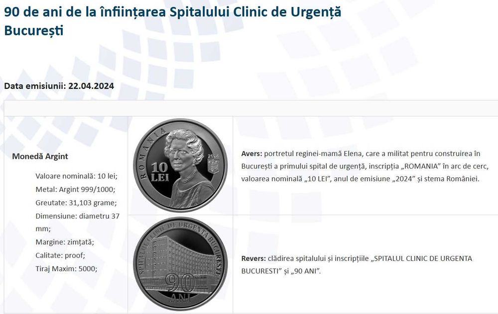 Moneda BNR 10 lei argint Spitalul deUrgenta gradata NGC PF 66 UC