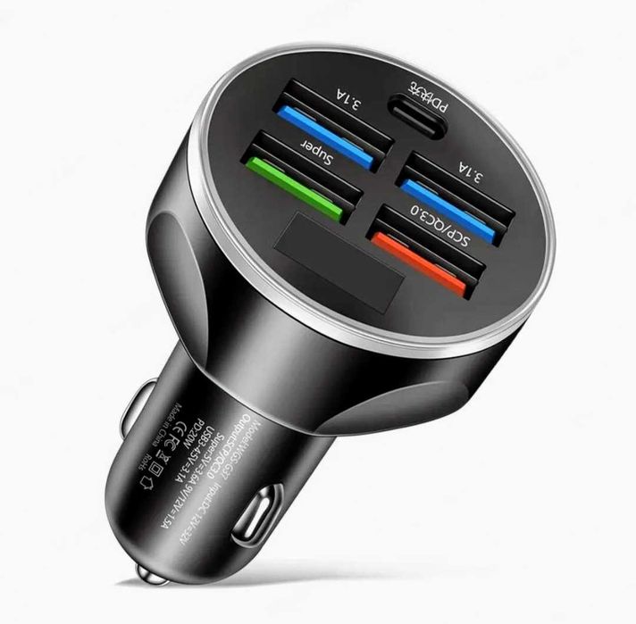 Încarcator telefon auto 12V 4 porturi USB 1 Tip C Afisaj Voltmetru Nou