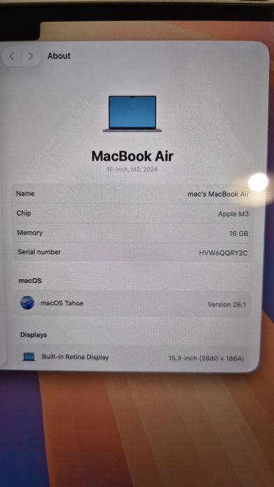 MacBok Air RETINA 2024 15inch M3 16GB 512GB SSD 122 cicluri 100% bat!