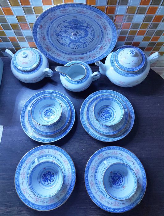 Винтажный чайный сервиз из китайского рисового фарфора