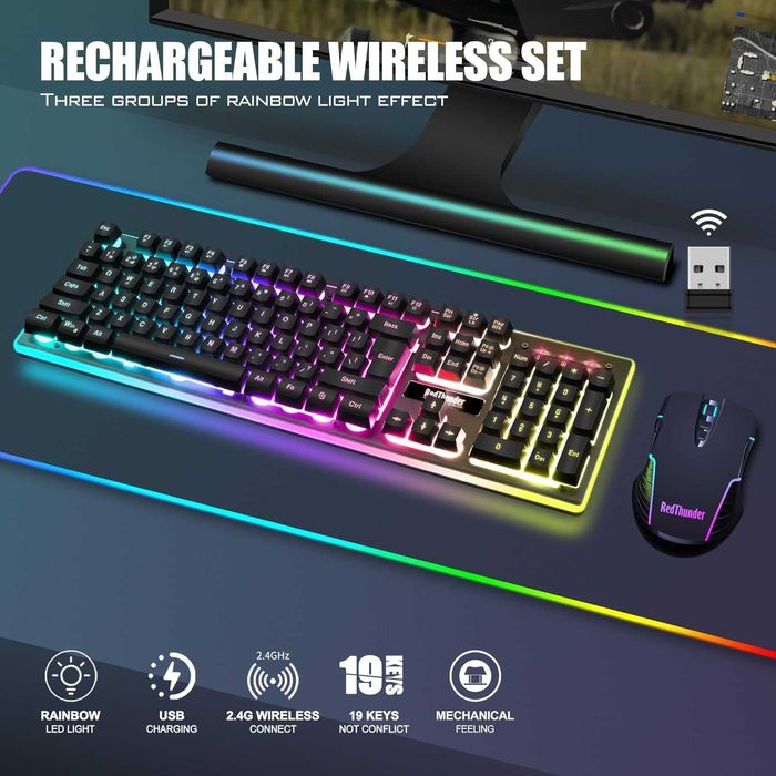 Set Tastatură mouse wireless gaming RedThunder K10,3800mAh,lumini LED
