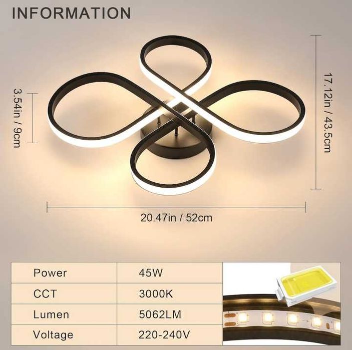 LED лампа Mckalen - 58W, 52 см  дизайн на детелина, акрил, 5000K