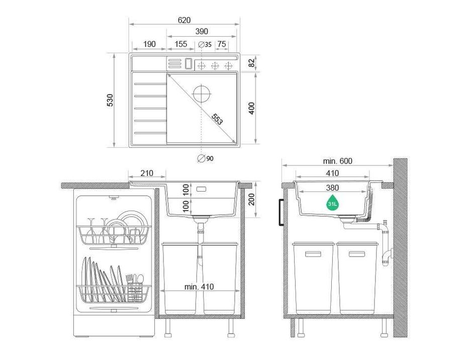 Графит гранитна кухненска мивка Сидни 620-45 Pocket Ergo Multilevel