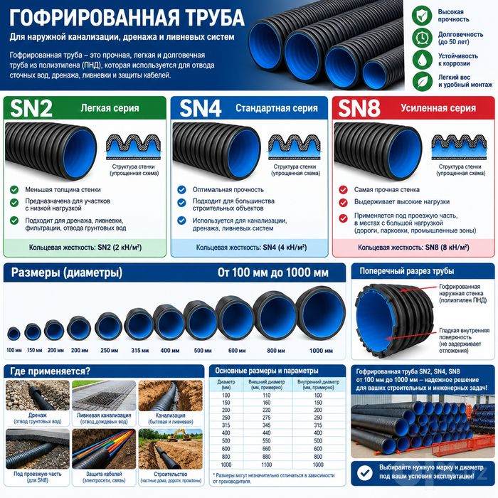 Гофрированная дренажный труба. гофра трубы для канализации. ПВХ ПНД