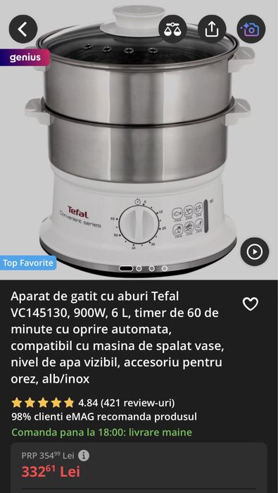 Aparat de gatit cu aburi Tefal VC145130, 900W, 6 L
