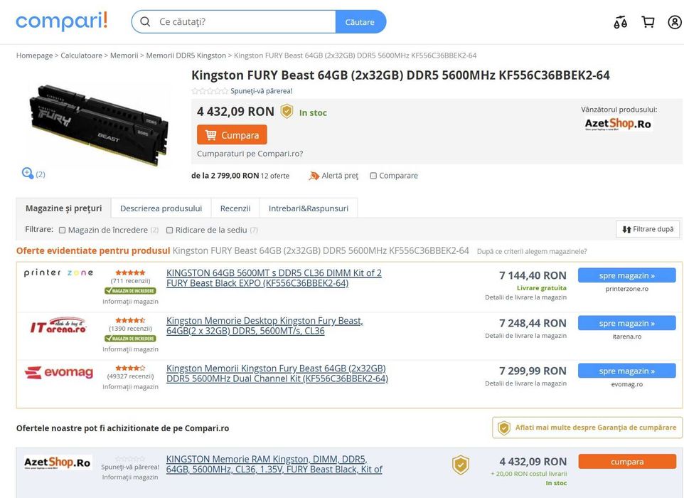 Ram 64GB DDR5 (2x32GB) Kingston FURY Beast 5600MHz KF556C36BBEK2-64