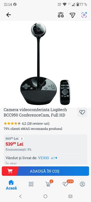 Cameră Web Logitech BCC 950 Conference cam cu telecomanda
