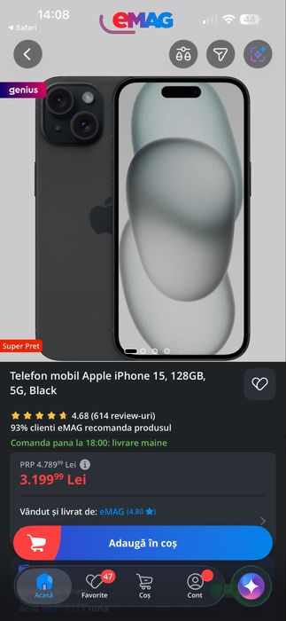 Apple iPhone 15, 128GB, 5G, Black , sigilat nou cutie
