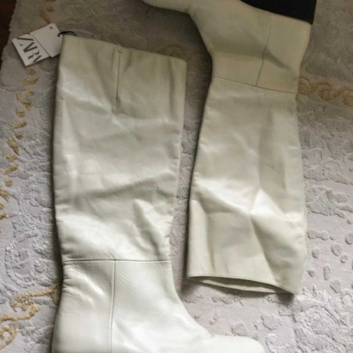 ZARA NEW Cizme înalte flats albă 100% piele pull on ridding