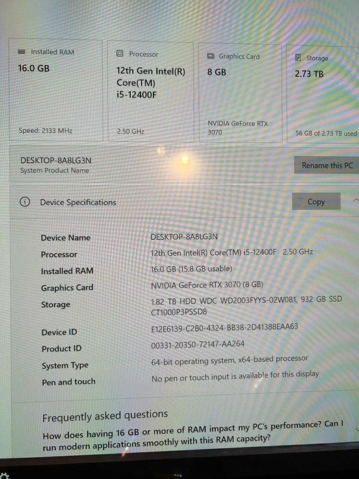 Геймърски i5 12400/RTX 3070/16gb рам/Nvme+hdd 3tb/Fractal Desing Top