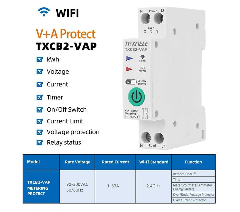 63А смарт WIFI реле, електромер, автоматичен предпазител  V+A, таймер