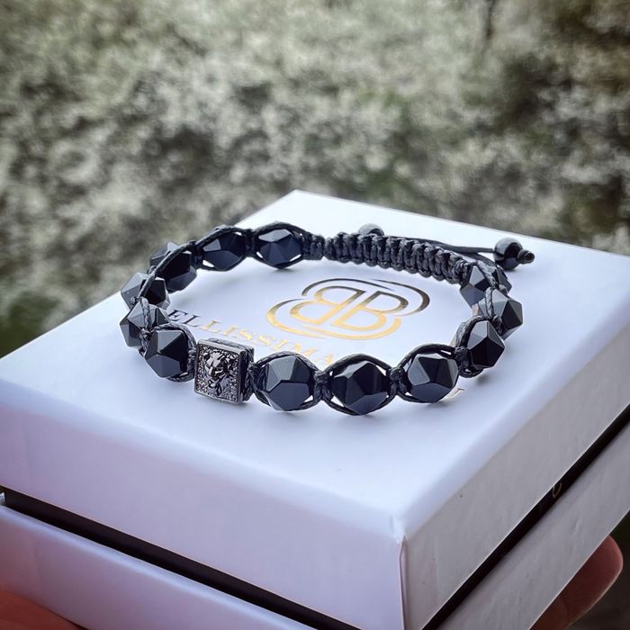 Мъжка Гривна от Оникс и Стомана с Лъвска Глава