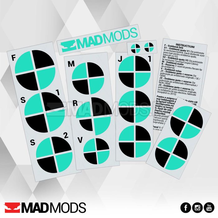 Set Stickere Embleme Negru cu Turcoaz BMW Seria 1 2 3 4 5 6 7 8 X i M