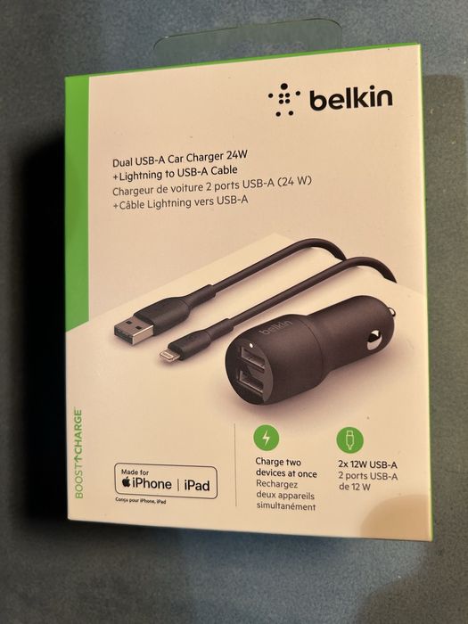 Incarcator auto dublu- Belkin 24w+cablu lightning