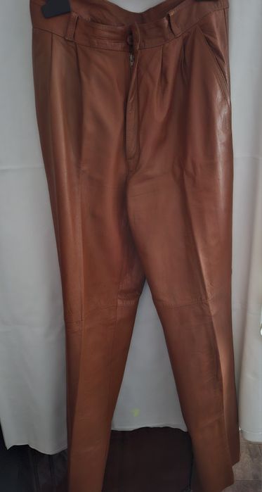Pantaloni Vintage din Piele Naturală Maro Cognac - Model cu Pense