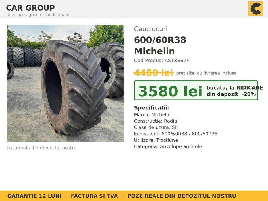 ANVELOPE 600/60R38 Michelin Cauciucuri Tractor Spate 4x4 Fendt Claas Deutz Valtra SH GARANTIE 12 Luni Factura TVA