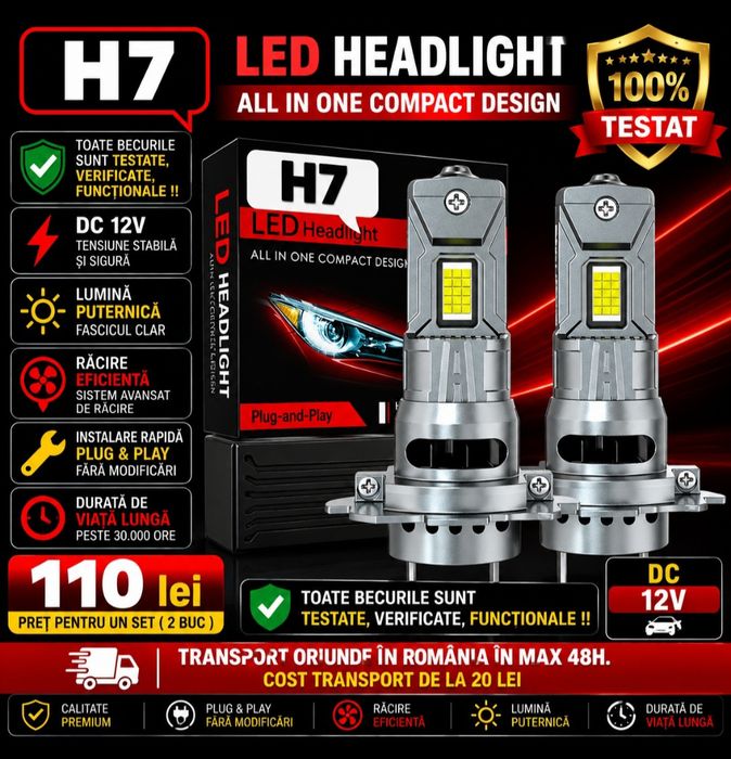 Becuri LED H7 Canbus  12V  30000LM set 2buc