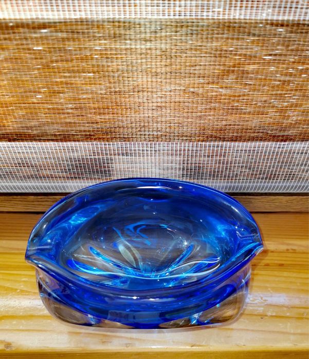 Антикварна Мурано кристална купа пепелник кобалтово синя ръчно правена