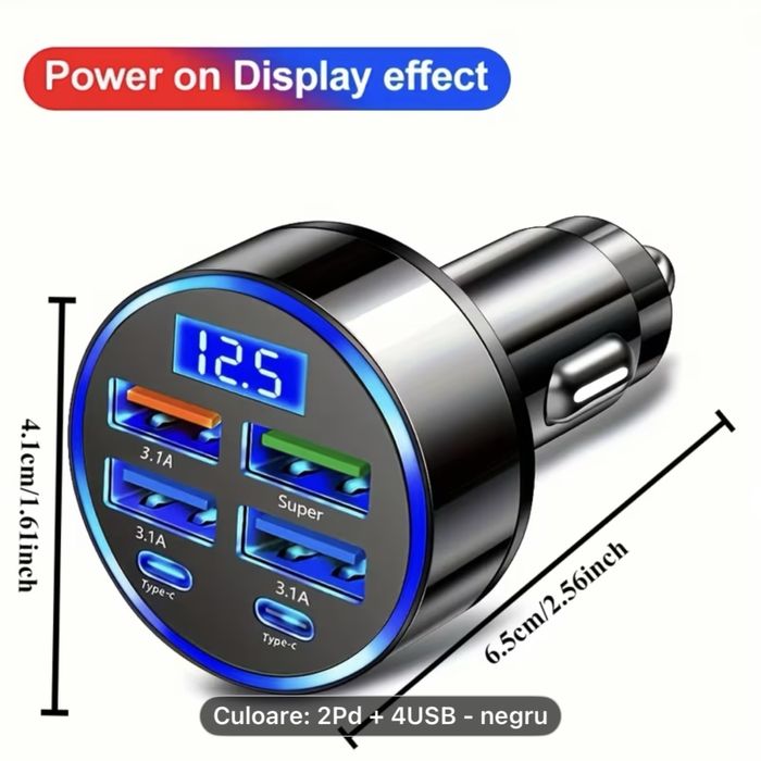 Incarcator auto pt telefon, turbo cu ecran digital!
