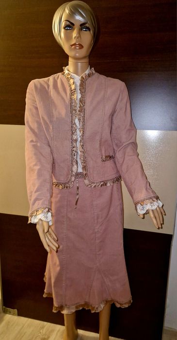 costum vintage sacou si fusta din reiat, roz pudră,  marime L