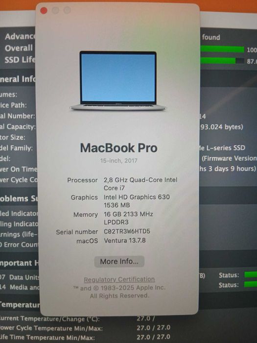 Laptop Apple Macbook Pro Late 2017 15inch A1707, i7-7700HQ 2.8GHz, 16GB RAM LPDDR3, SSD 256Gb