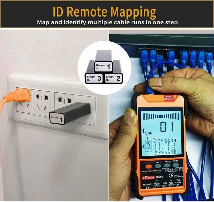 Tester Cablu Retea POE RJ45 cu Multimetru Digital LCD Masurare Lungime 600m Scanare Anti-Interfete 3 ID Pairing Test Voltaj Curent Temperatura Lan