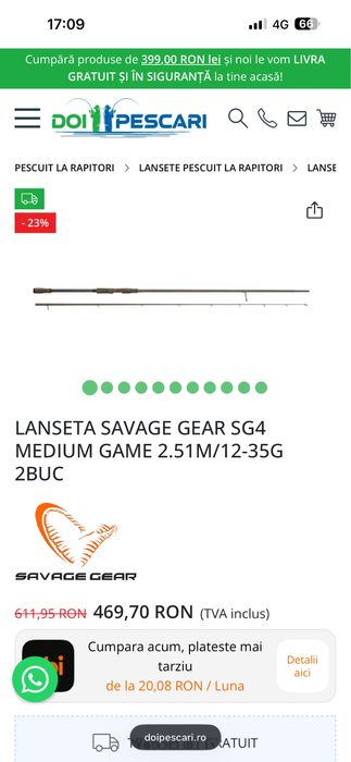 Combo spinning lanseta Savage Gear SG4 Medium Game 2.51 cm 12-35gr FAST si mulineta Savage Gear SG4 3000H FD