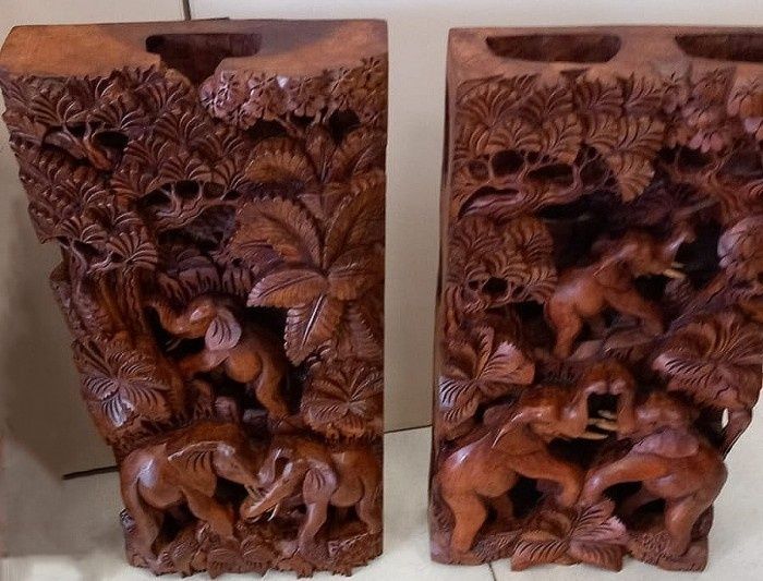 Set tablouri,basorelief cu elefanți lemn masiv