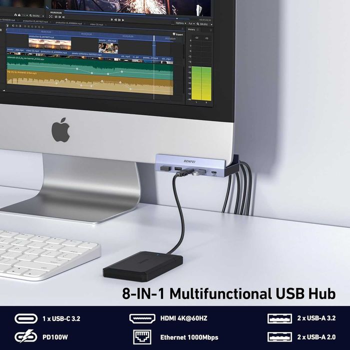 BENFEI 8-в-1 USB C хъб със сигурна скоба – 4K/60Hz HDMI, 2 x USB-A 3.2