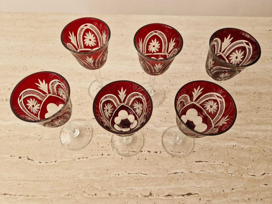 Set 6 Pahare Mari Vintage, Cristal Rosu Rubin, Model Floral
