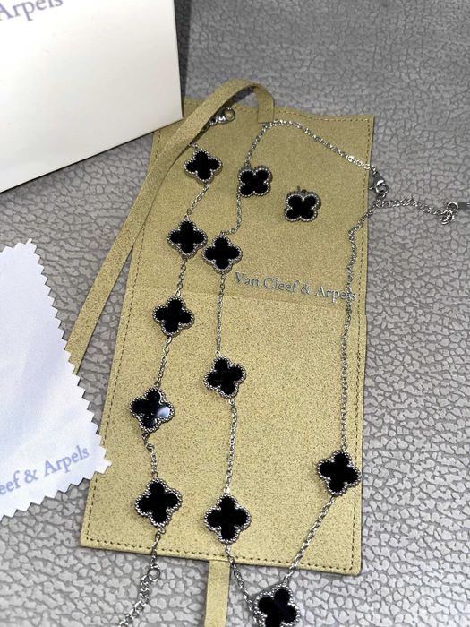 ван клиф сет бижута сребърни с черна детелина комплект van cleef колие